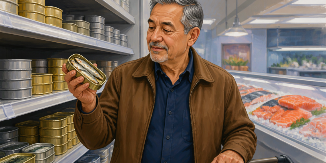 Hombre mayor en la sección de pescadería de un supermercado observando una lata abierta con pequeños pescados, junto a estantes de conservas y un mostrador con salmón fresco.