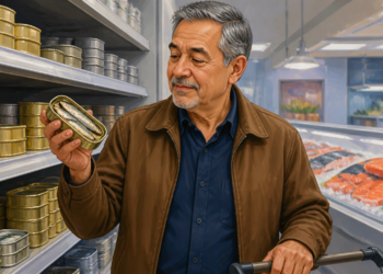 Hombre mayor en la sección de pescadería de un supermercado observando una lata abierta con pequeños pescados, junto a estantes de conservas y un mostrador con salmón fresco.