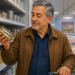 Hombre mayor en la sección de pescadería de un supermercado observando una lata abierta con pequeños pescados, junto a estantes de conservas y un mostrador con salmón fresco.