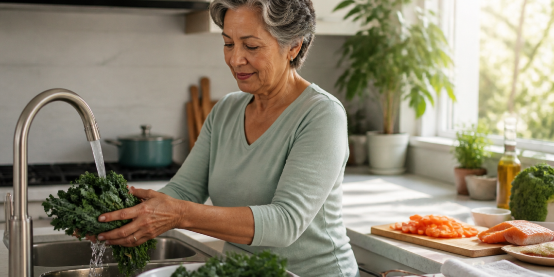 Mujer mayor lavando hojas verdes bajo el grifo en una cocina luminosa, con verduras y salmón preparados sobre la encimera, en una escena relacionada con una alimentación saludable para cuidar la vista con la edad.