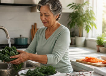 Mujer mayor lavando hojas verdes bajo el grifo en una cocina luminosa, con verduras y salmón preparados sobre la encimera, en una escena relacionada con una alimentación saludable para cuidar la vista con la edad.