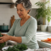 Mujer mayor lavando hojas verdes bajo el grifo en una cocina luminosa, con verduras y salmón preparados sobre la encimera, en una escena relacionada con una alimentación saludable para cuidar la vista con la edad.