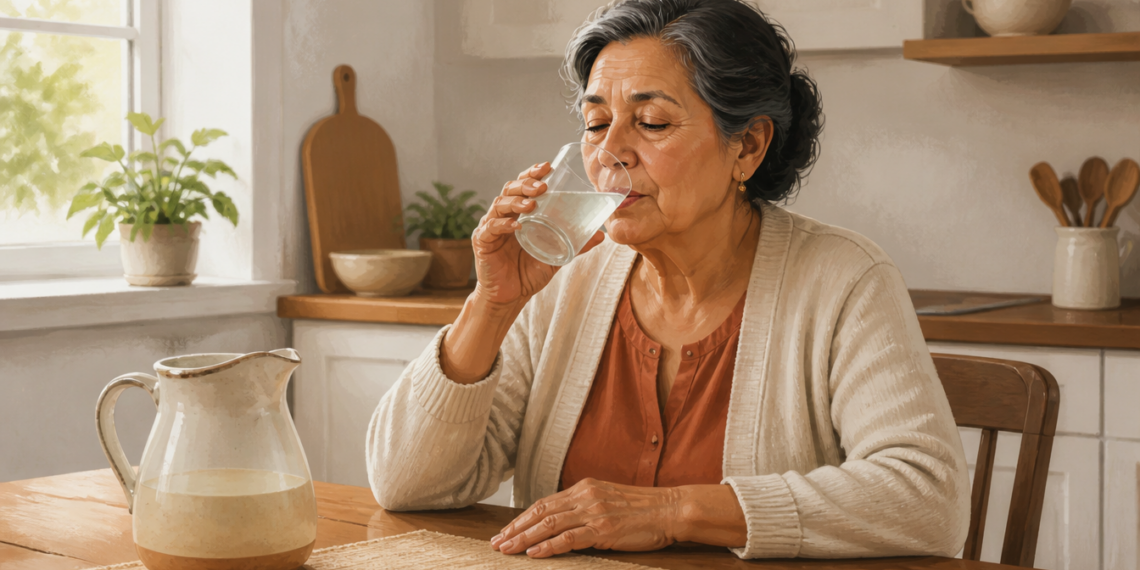 Mujer mayor sentada en una cocina bebiendo un líquido claro de un vaso, con una jarra sobre la mesa, en una escena relacionada con la recuperación digestiva después de una diarrea.