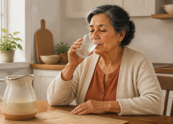 Mujer mayor sentada en una cocina bebiendo un líquido claro de un vaso, con una jarra sobre la mesa, en una escena relacionada con la recuperación digestiva después de una diarrea.