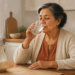 Mujer mayor sentada en una cocina bebiendo un líquido claro de un vaso, con una jarra sobre la mesa, en una escena relacionada con la recuperación digestiva después de una diarrea.