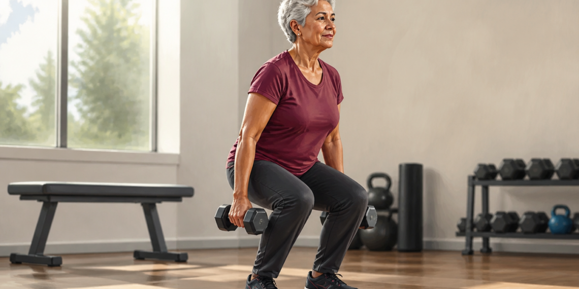 Mujer mayor realizando una sentadilla con dos mancuernas en un gimnasio, en una escena relacionada con el entrenamiento de fuerza para fortalecer los huesos después de los 60.