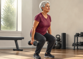 Mujer mayor realizando una sentadilla con dos mancuernas en un gimnasio, en una escena relacionada con el entrenamiento de fuerza para fortalecer los huesos después de los 60.