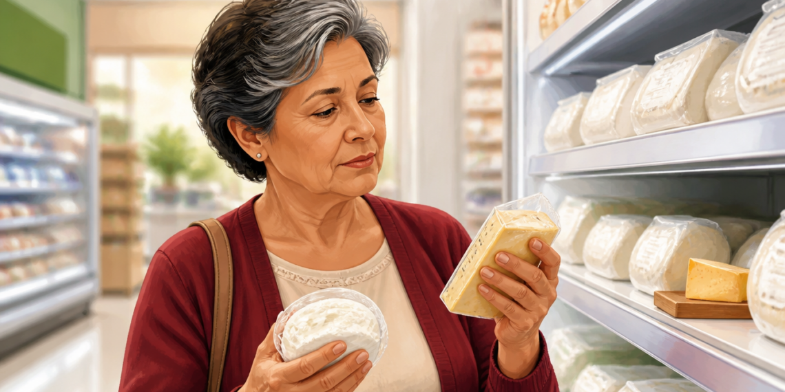 Mujer mayor comparando dos tipos de queso en la sección refrigerada de un supermercado, mientras sostiene un queso blanco y una porción amarilla envasada.