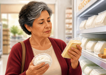 Mujer mayor comparando dos tipos de queso en la sección refrigerada de un supermercado, mientras sostiene un queso blanco y una porción amarilla envasada.