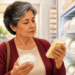 Mujer mayor comparando dos tipos de queso en la sección refrigerada de un supermercado, mientras sostiene un queso blanco y una porción amarilla envasada.