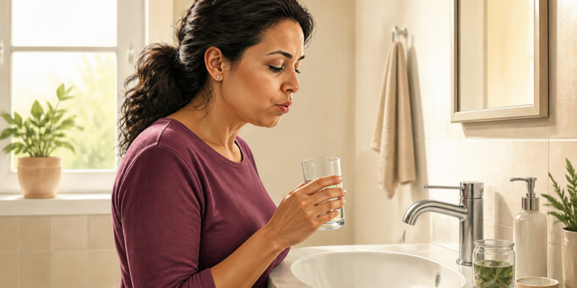 Mujer sosteniendo un vaso frente al lavabo del baño mientras realiza un enjuague bucal, en una escena doméstica relacionada con el alivio de las aftas de la boca.