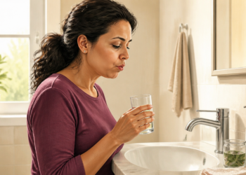 Mujer sosteniendo un vaso frente al lavabo del baño mientras realiza un enjuague bucal, en una escena doméstica relacionada con el alivio de las aftas de la boca.