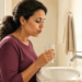 Mujer sosteniendo un vaso frente al lavabo del baño mientras realiza un enjuague bucal, en una escena doméstica relacionada con el alivio de las aftas de la boca.