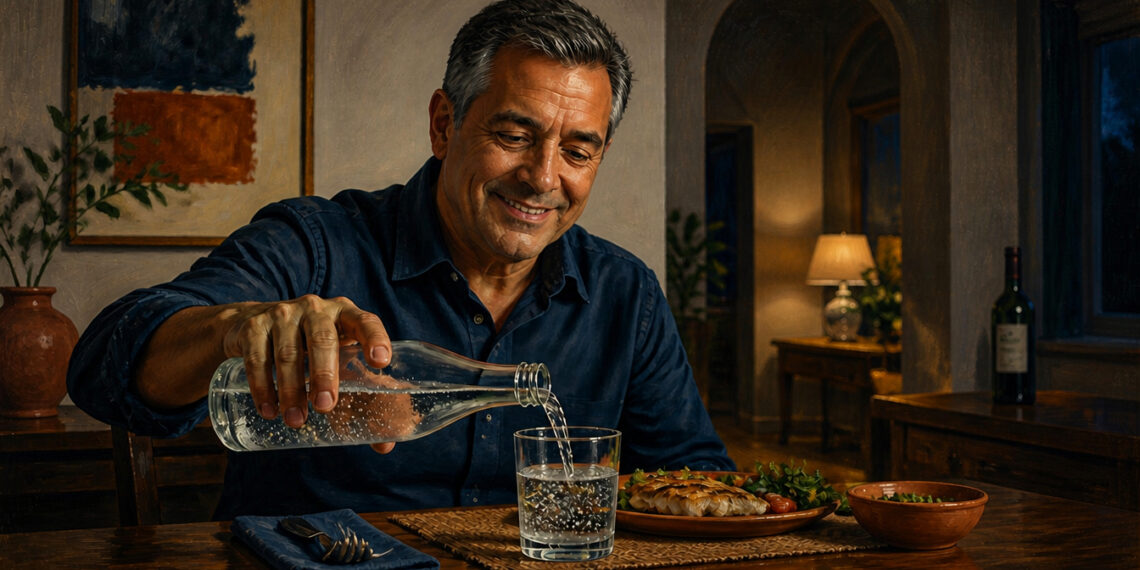 Hombre adulto sentado a la mesa durante la cena mientras sirve agua con gas en un vaso, junto a un plato de comida y una botella al fondo.