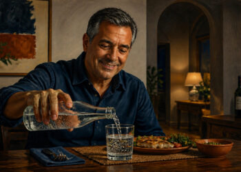 Hombre adulto sentado a la mesa durante la cena mientras sirve agua con gas en un vaso, junto a un plato de comida y una botella al fondo.