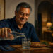 Hombre adulto sentado a la mesa durante la cena mientras sirve agua con gas en un vaso, junto a un plato de comida y una botella al fondo.