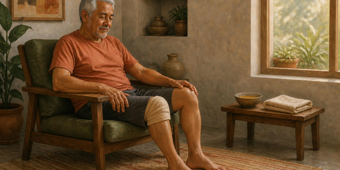 Hombre mayor sentado en un sillón dentro de casa, con una compresa envuelta alrededor de la rodilla, junto a una mesa pequeña con un cuenco y toallas dobladas.