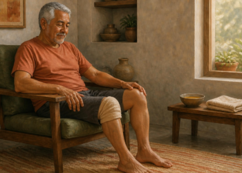 Hombre mayor sentado en un sillón dentro de casa, con una compresa envuelta alrededor de la rodilla, junto a una mesa pequeña con un cuenco y toallas dobladas.