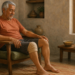 Hombre mayor sentado en un sillón dentro de casa, con una compresa envuelta alrededor de la rodilla, junto a una mesa pequeña con un cuenco y toallas dobladas.