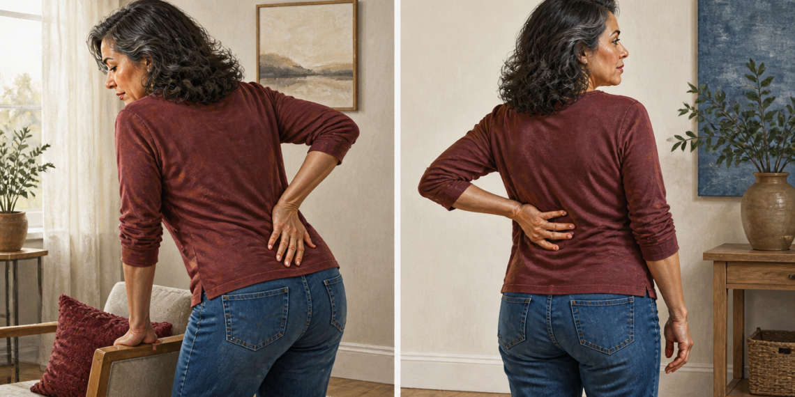 Mujer de mediana edad se toca la zona lumbar en dos posturas diferentes dentro de casa, mostrando molestias en la parte baja de la espalda.