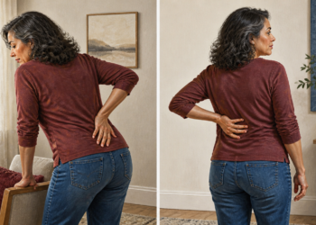 Mujer de mediana edad se toca la zona lumbar en dos posturas diferentes dentro de casa, mostrando molestias en la parte baja de la espalda.