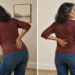 Mujer de mediana edad se toca la zona lumbar en dos posturas diferentes dentro de casa, mostrando molestias en la parte baja de la espalda.