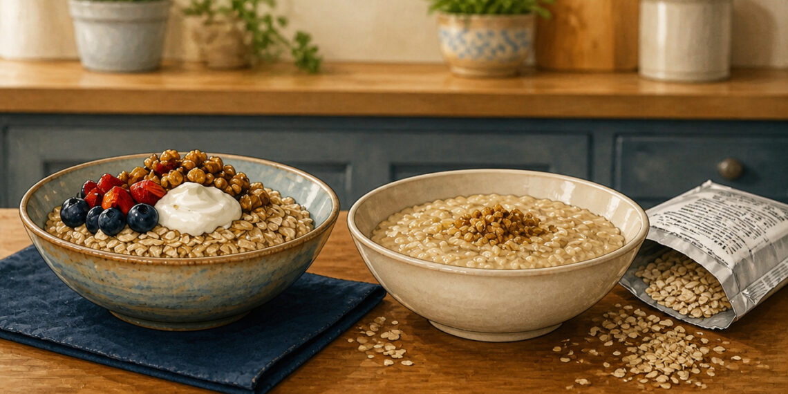 Dos cuencos de avena sobre una mesa de cocina, uno con fruta, yogur y frutos secos, y otro más simple junto a un paquete abierto con copos de avena derramados.