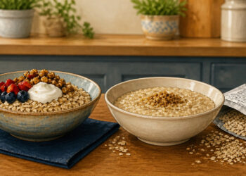Dos cuencos de avena sobre una mesa de cocina, uno con fruta, yogur y frutos secos, y otro más simple junto a un paquete abierto con copos de avena derramados.