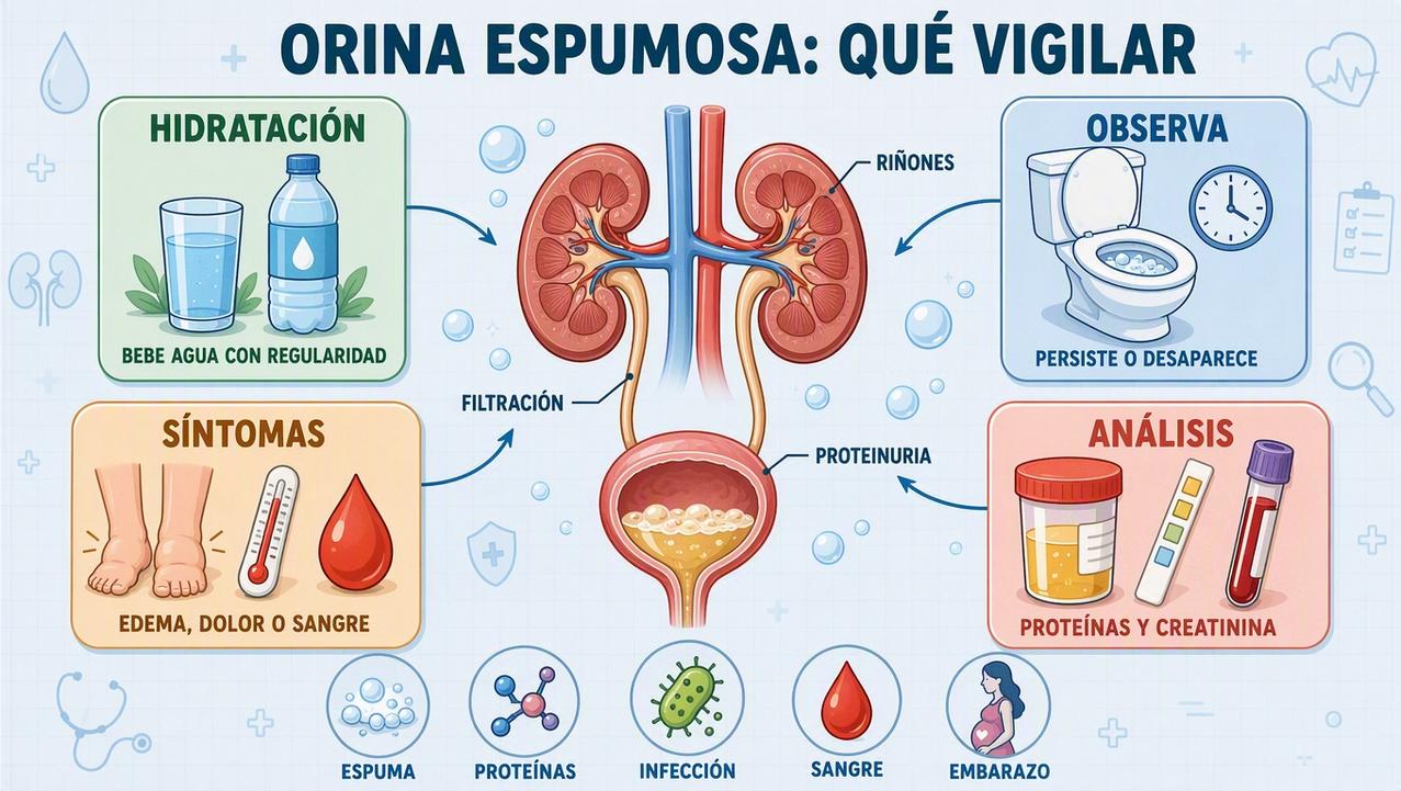 Hidratación, observación, síntomas y análisis orientan el estudio de la orina espumosa.