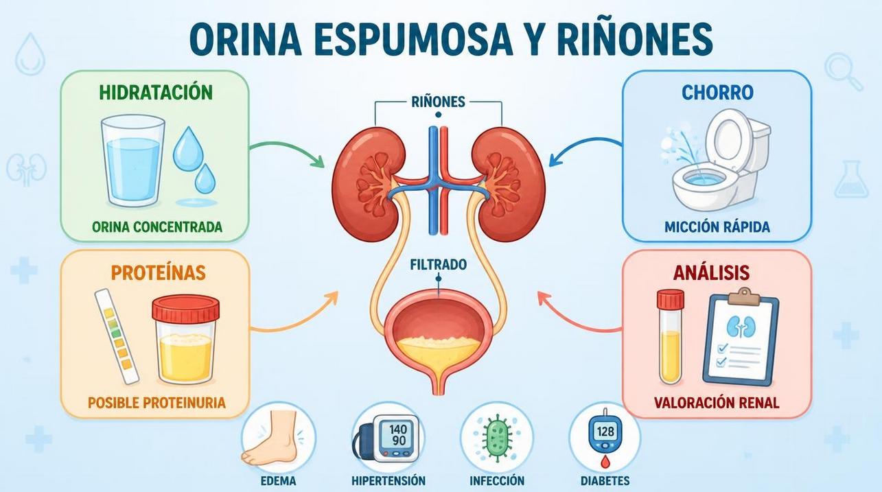 Hidratación, chorro, proteínas y análisis orientan la evaluación de la orina espumosa.