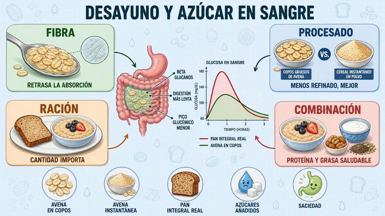 Fibra, procesado, ración y combinación marcan el impacto glucémico del desayuno.