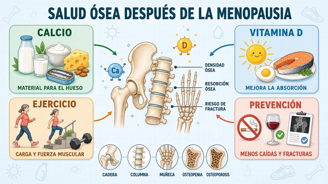 Calcio, vitamina D, ejercicio y prevención sostienen la salud ósea posmenopáusica.