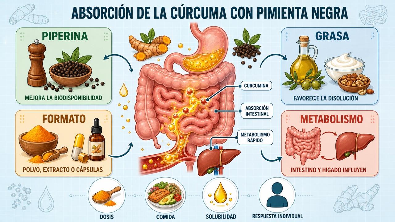 Piperina, grasa, formato y metabolismo influyen en la absorción de la cúrcuma.