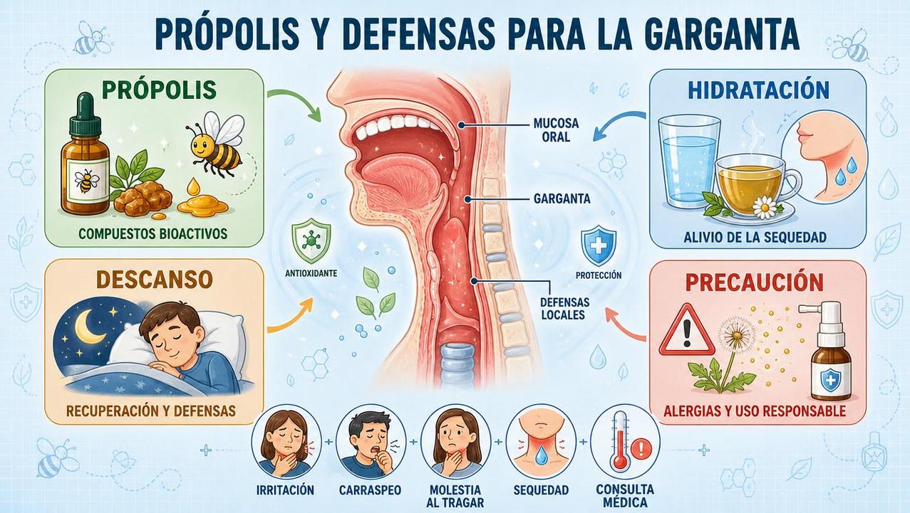 Própolis, hidratación, descanso y precaución: claves para la garganta sensible.