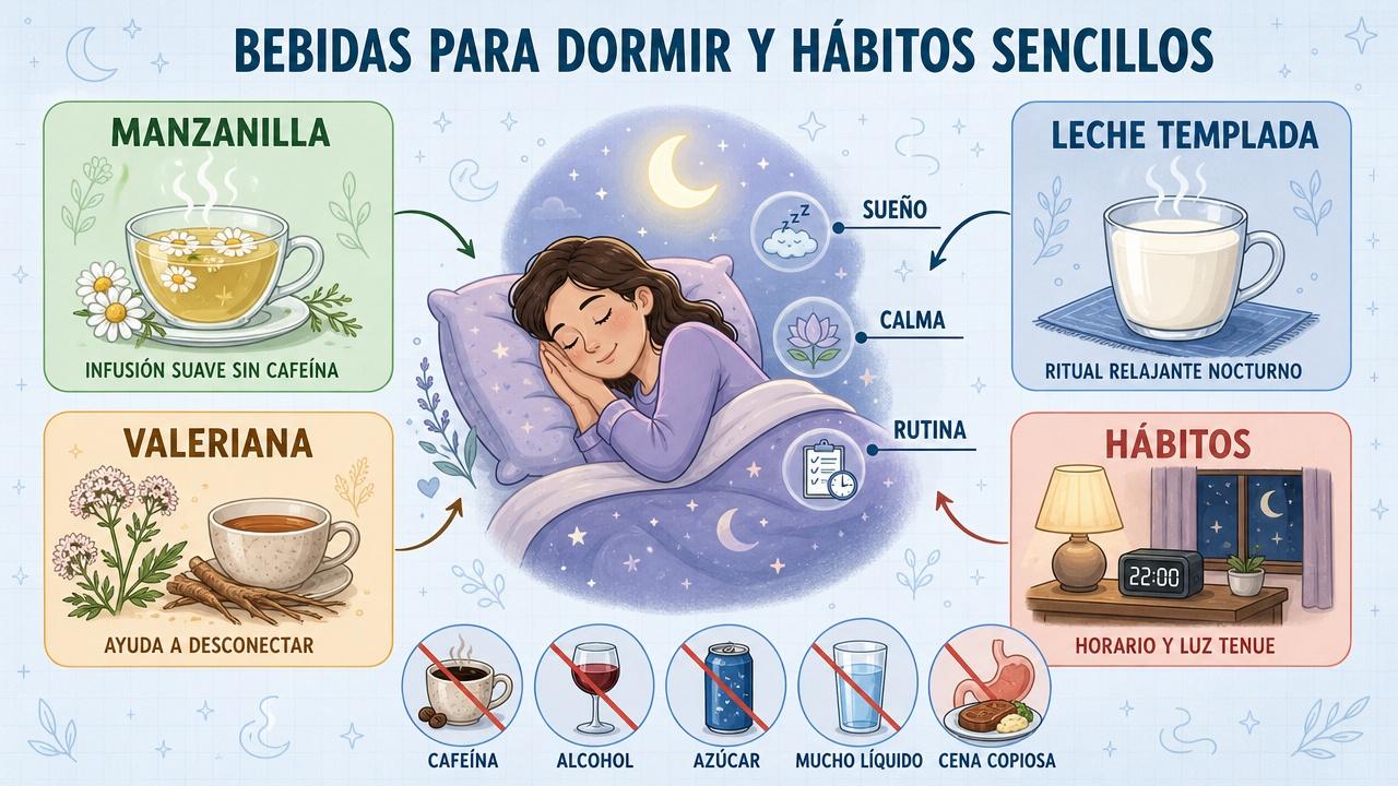 Manzanilla, leche templada, valeriana y hábitos estables favorecen un descanso más tranquilo.