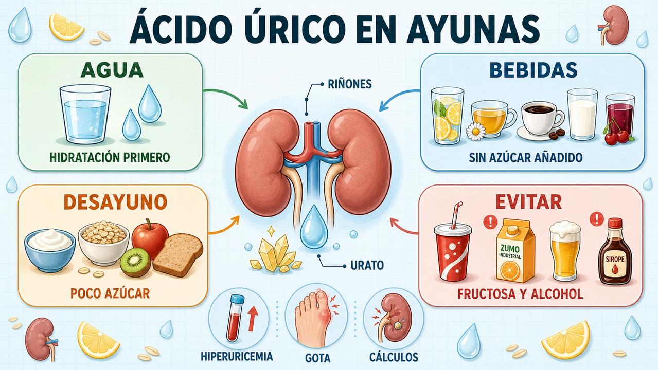 Hidratación, bebidas adecuadas, desayuno simple y evitar fructosa orientan el control.