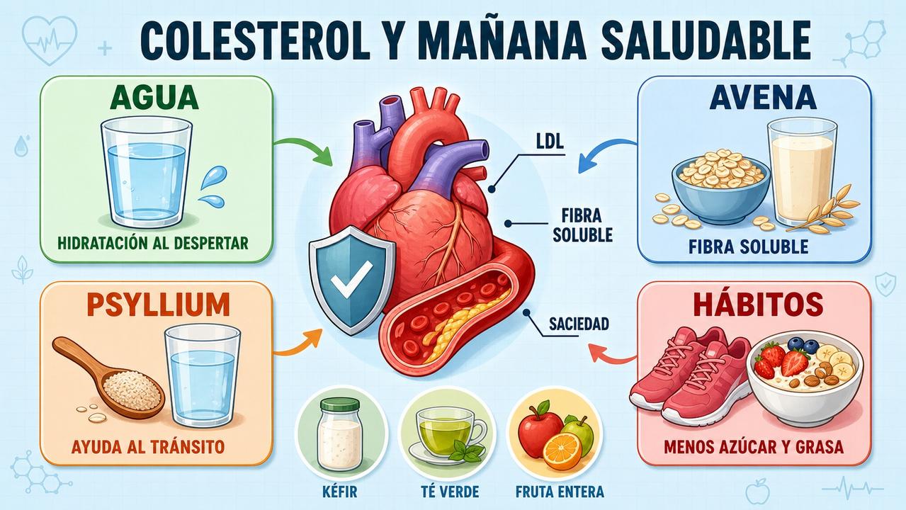 Agua, avena, psyllium y hábitos saludables refuerzan una mañana cardioprotectora.