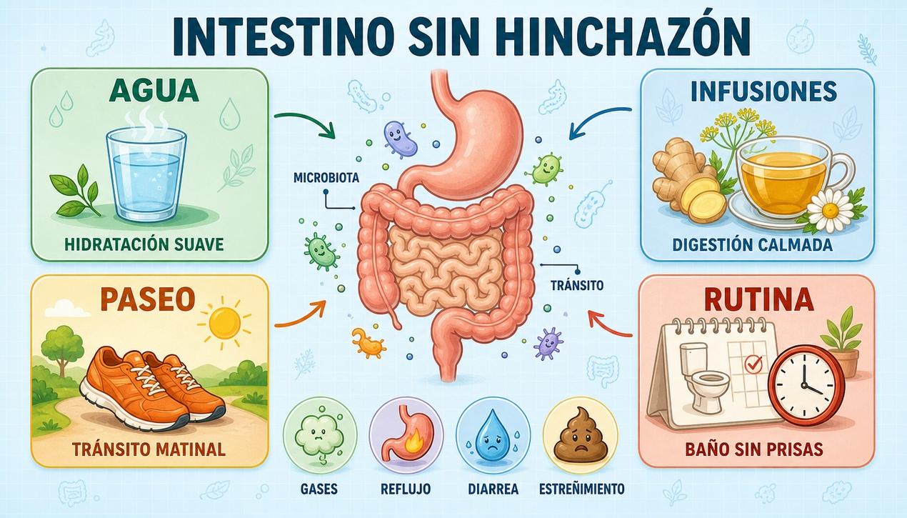 Agua, infusiones, paseo y rutina favorecen un intestino menos hinchado.