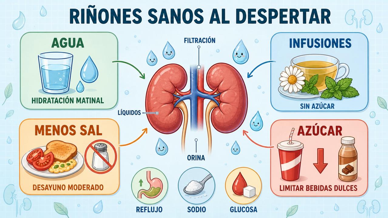 Agua, infusiones, menos sal y menos azúcar apoyan la función renal.