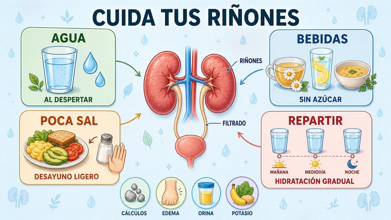 Agua, bebidas sin azúcar, poca sal e hidratación gradual cuidan los riñones.
