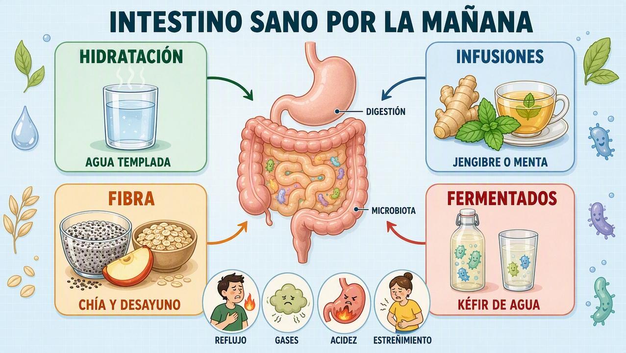Hidratación, infusiones, fibra y fermentados sostienen una rutina intestinal equilibrada.