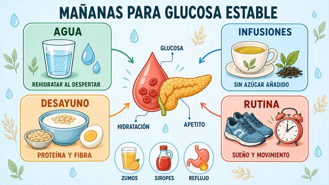 Hidratación, infusiones, desayuno adecuado y rutina sostienen una mañana glucémica estable.
