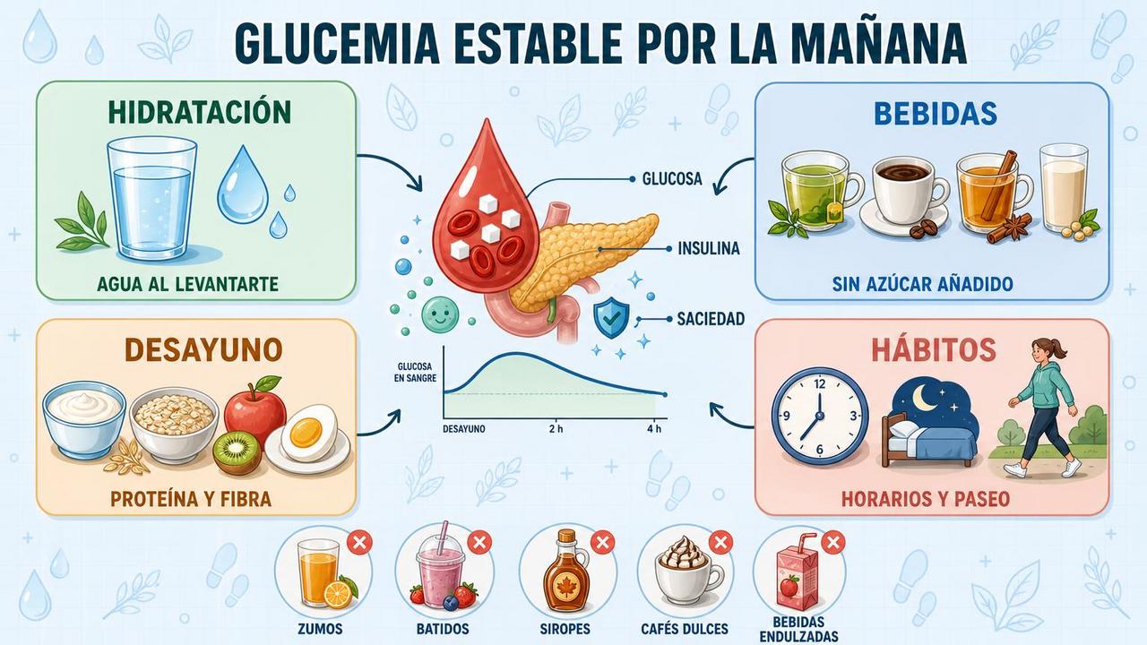 Hidratación, bebidas adecuadas, desayuno completo y hábitos ordenados favorecen la glucemia.
