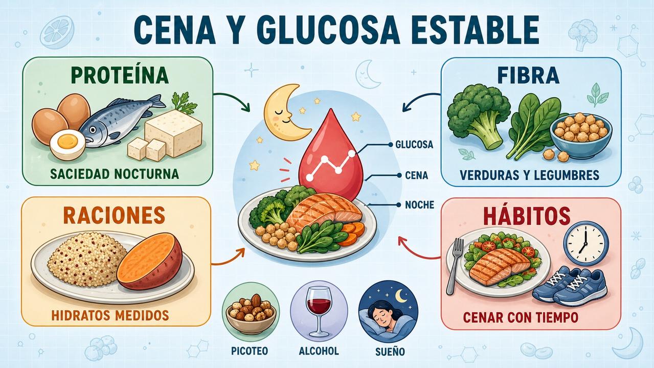 Proteína, fibra, raciones medidas y hábitos nocturnos favorecen mejor control glucémico.