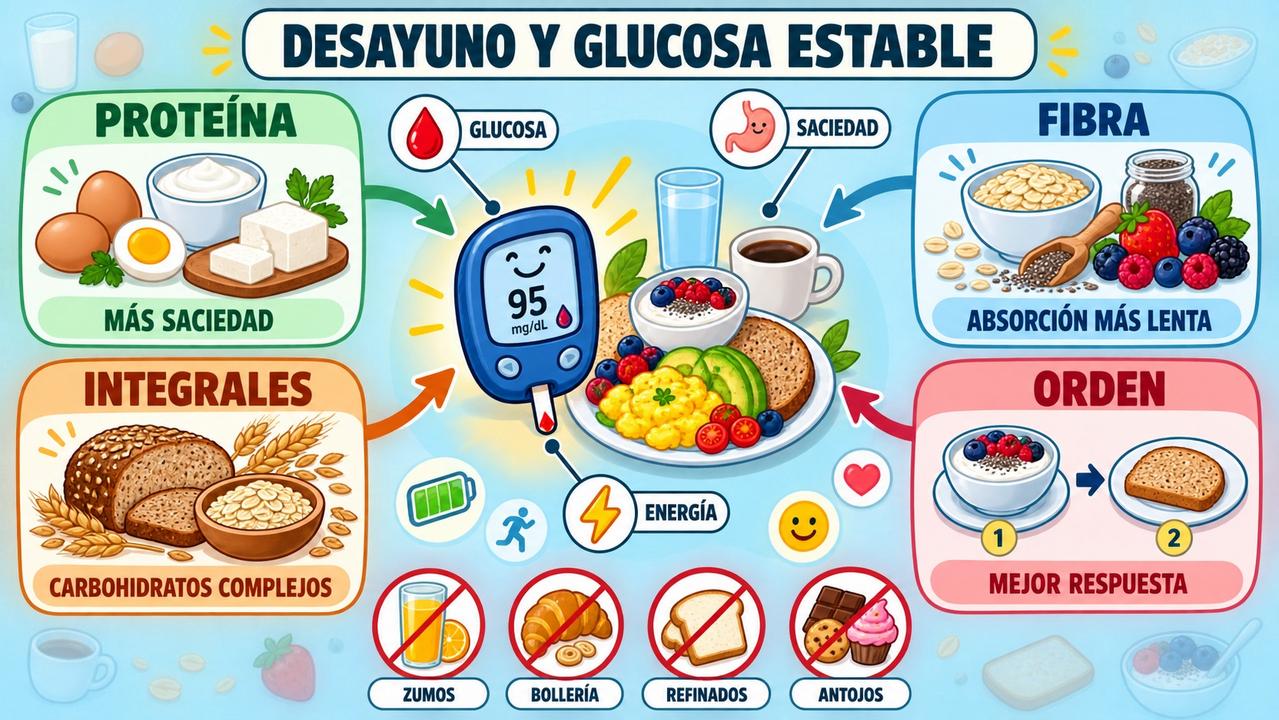 Proteína, fibra, integrales y orden de ingesta favorecen una mañana más estable.