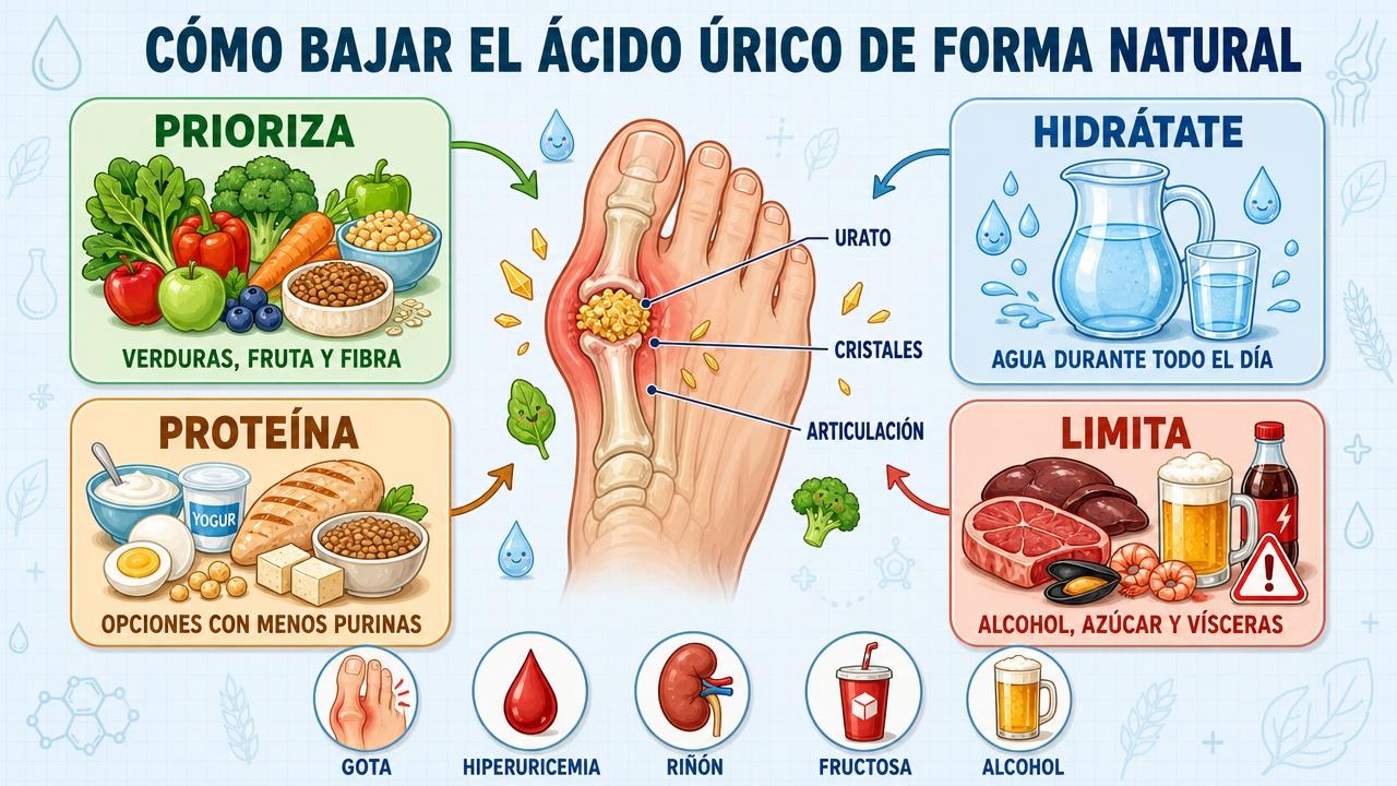 Cuatro pilares dietéticos para bajar urato y prevenir brotes de gota.
