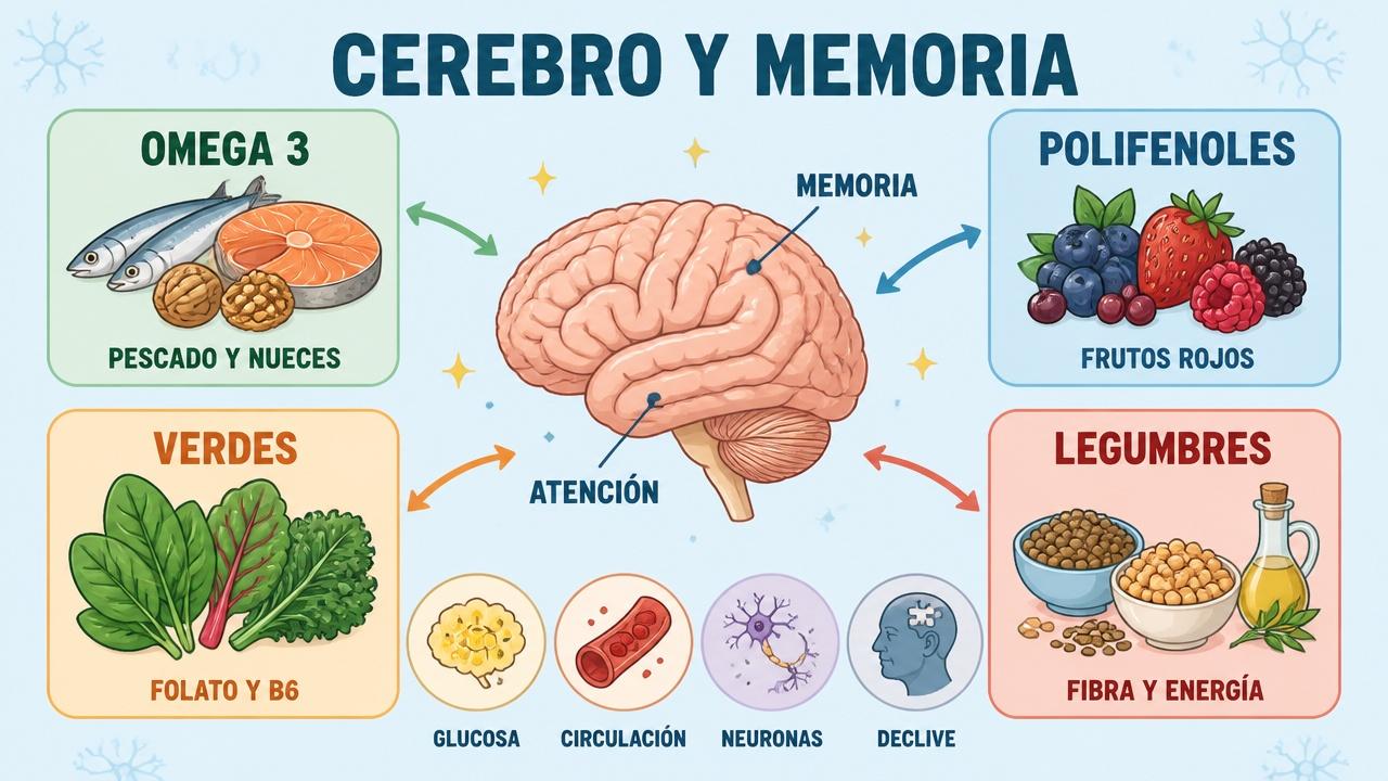 Omega 3, polifenoles, verduras verdes y legumbres sostienen la función cognitiva.