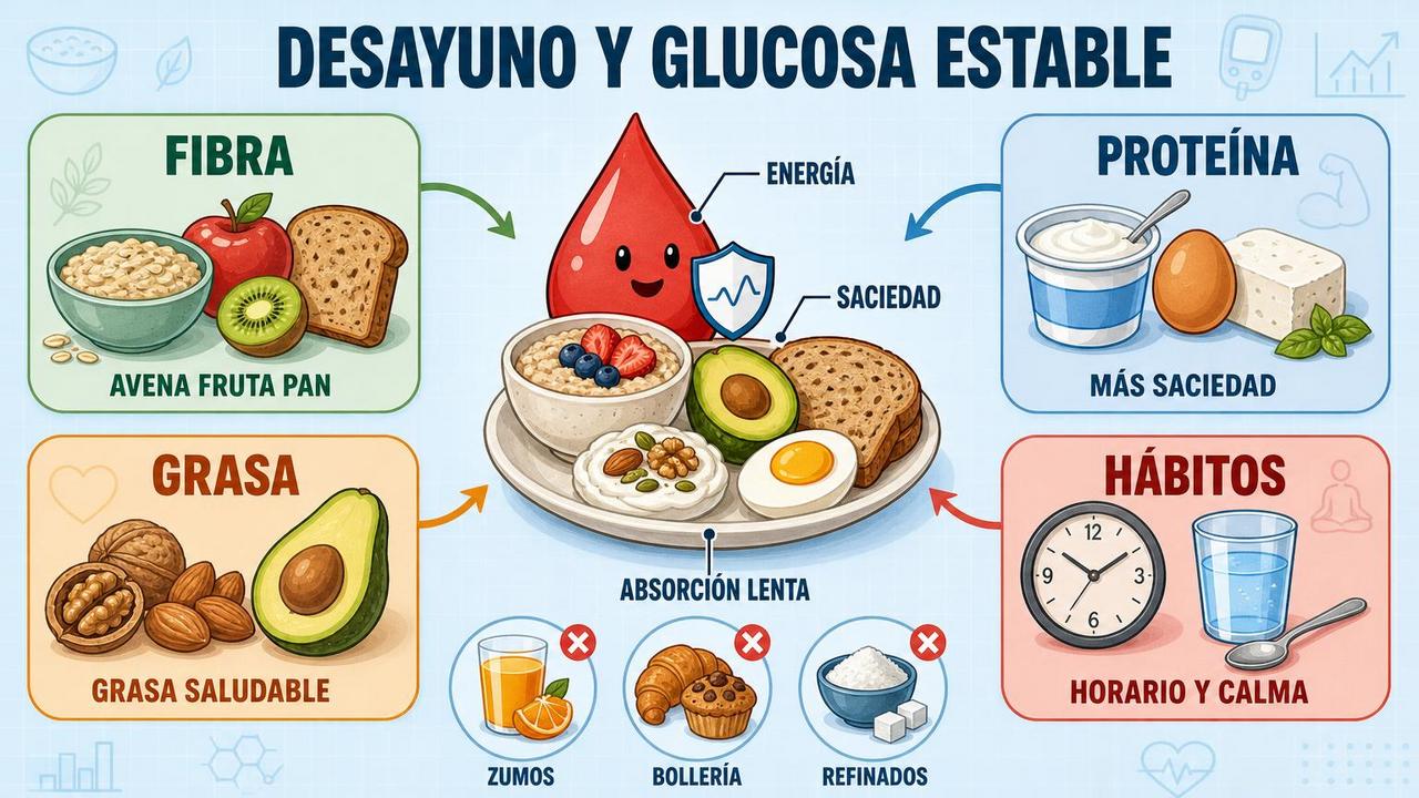Fibra, proteína, grasa saludable y hábitos marcan un desayuno más estable.