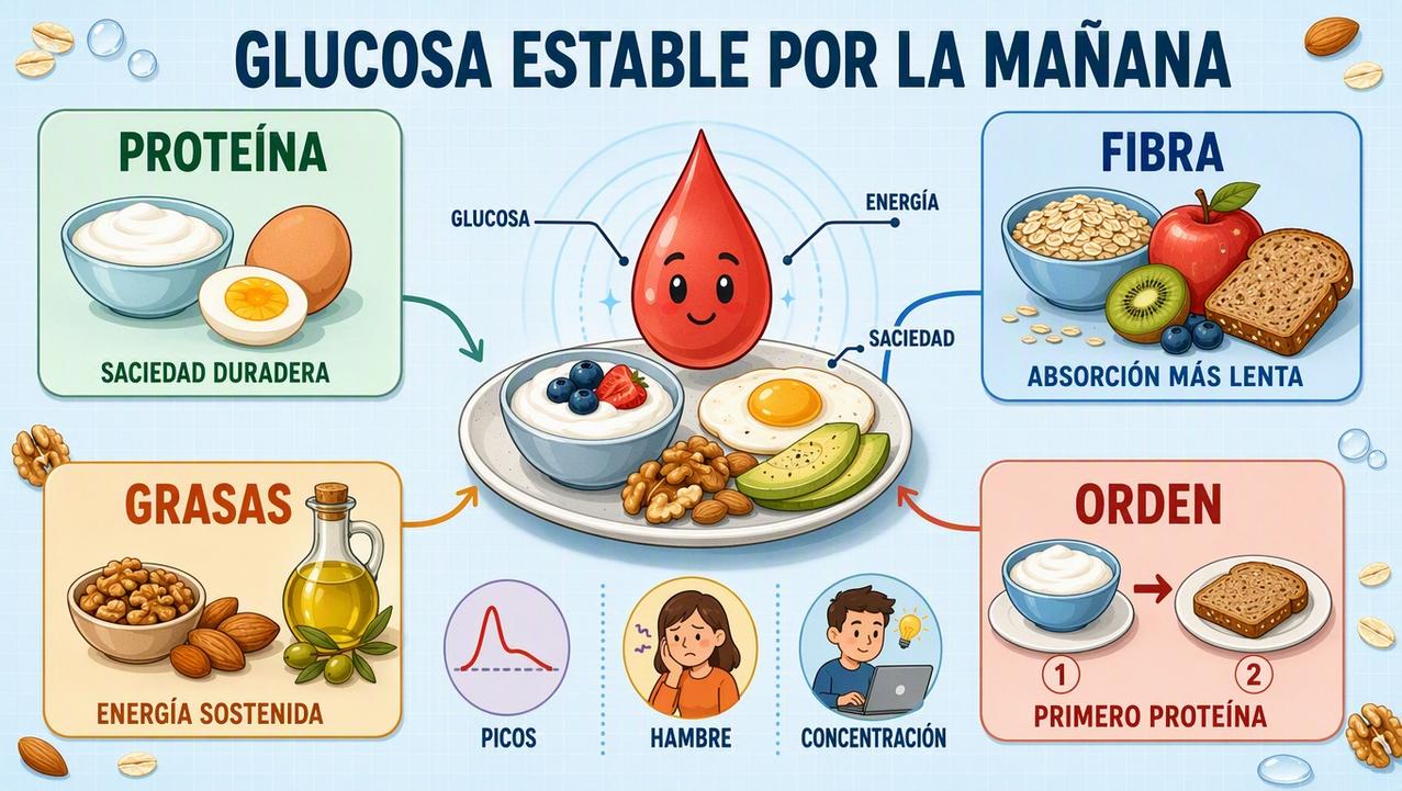 Proteína, fibra, grasas saludables y orden de ingesta favorecen una glucosa estable.