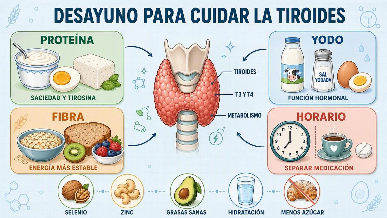 Proteína, yodo, fibra y horario correcto forman los pilares del desayuno tiroideo.